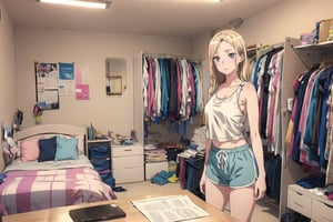 masterpiece, detailed eyes, slim body, detailed image, highly detailed, 1girl, wide_hip, narrow_waist, blonde, long_hair,indoor, white_tank_top, dolphin shorts, kitagawa marin sb, bedroom, ((all_four))), (Underwear_thrown_away), desk, closet, bed, magazine, snack, Miscellaneous things, note, lingeries