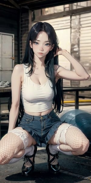 masterpiece, photographic, super realistic, masterpiece, 4K, HDR,  1_korean_girl, natural_skin, (((full_body))), natural_lighting, tanktop, long_hair, mini_skirt, medium_breasts, shaggy_breasts, wide_hip, karinalorashy, nice_legs_line, facing_viewer, cleavage, ((fishnet_stockings)),aespakarina, squat, spread_legs, from_below, crotch