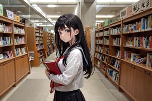 masterpiece, best quality, ultra-detailed, illustration,NCT2, solo, wide shot, library, indoor, bookshelf, books,

(the view of a girl standing in front of a bookshelf and choosing a book),

(Japanese middle school girl), (japanese school uniform), white shirt, black skirt, red blazer, green tie, light_makeup, skinny_body, bangs, hime_cut, black_long_hair