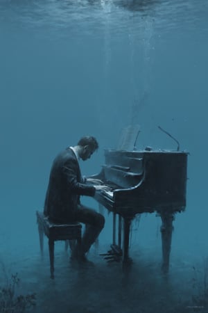 Man playing piano underwater, cpbalt blue tone, dark, from_side, painting by jakub rozalski
