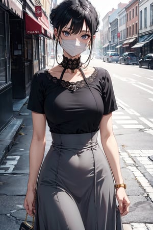 detailed eyes, slim body, detailed image, highly detailed, 1girl, ((gray_long_dress)), tight_clothes, (white_mask), wide_hip, narrow_waist, (tiny_breasts), black hair, hair_buns, street, chanel bag, gold_jewelry, air pod