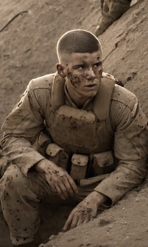 As we passed sick bay, still in the shell hole, it was crowded with wounded, and somehow hushed in the evening light. I noticed a tattered Marine standing quietly by a corpsman, staring stiffly at nothing. His mind had crumbled in battle, his jaw hung, and his eyes were like two black empty holes in his head.