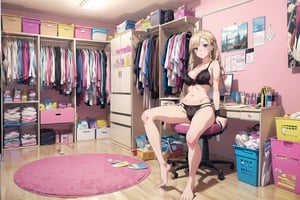 masterpiece, detailed eyes, slim body, detailed image, highly detailed, 1girl, gyaru,wide_hip, narrow_waist, blonde, long_hair,indoor, bra, pantie, kitagawa marin sb, bedroom, lying, (Underwear_thrown_away), desk, closet, bed, magazine, snack, Miscellaneous things, note, lingeries, mirror, posters, Masturbation_devices, condoms, cosmetics, bare_foot, skateboard, bromide, calendar,kitagawa marin sb,realhands