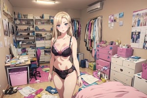 masterpiece, detailed eyes, slim body, detailed image, highly detailed, 1girl, wide_hip, narrow_waist, blonde, long_hair,indoor,  bra, pantie, kitagawa marin sb, bedroom, ((all_four)), (Underwear_thrown_away), desk, closet, bed, magazine, snack, Miscellaneous things, note, lingeries, mirror, posters, Masturbation_devices, condoms, cosmetics