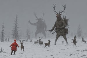 Christmas on the battlefield, christmas, snow, falling_snow, christmas_tree, army, rudolph, the red nosed reindeer, creature,painting by jakub rozalski