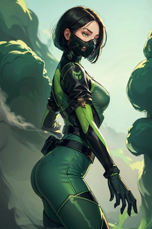masterpiece, detailed eyes, slim body, detailed image, highly detailed, 1girl, wide_hip, narrow_waist, black hair, short_hair,valorantViper, green eyes, green_clothes, (masked), smoky_makeup, tight_clothes, bodysuit, thigh_boots, gloves, belt, respirator, camel_toe, dynamic_pose, simple_background, (green_fog:1.6), (from_side:1.4), (jump)