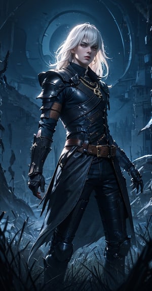 Masterpiece, high quality, 8K, 1man, handsome, tall, leather_coat, leather pants, brass jewelry, skull jewelry, chain, belt, wrist brace, armor, red_point, pale face, Fierce eyes, very long silver hair, night, dark, sulky, spooky, wind, cool pose, latent power, dynamic, bangs, wolf