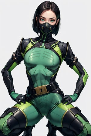 masterpiece, detailed eyes, slim body, detailed image, highly detailed, 1girl, wide_hip, narrow_waist, black hair, short_hair,valorantViper, green eyes, green_clothes, (masked), smoky_makeup, tight_clothes, bodysuit, thigh_boots, gloves, belt, respirator, camel_toe, dynamic_pose, squat, spread_legs, from_below, simple_background, green_fog