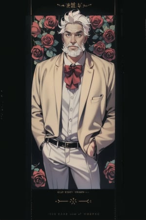 (old man), gang, mafia, soft hat, suit, belt, ((white_hair)), slicked_back_hair, (short_beard), cartoon, skinny body, 1 page manga, roses, bow tie