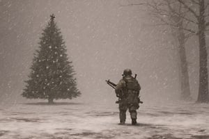 Christmas on the battlefield, christmas, snow, falling_snow, christmas_tree, army,silent hill style
