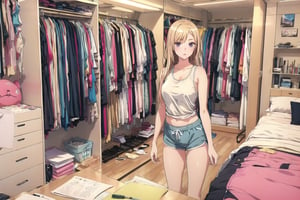 masterpiece, detailed eyes, slim body, detailed image, highly detailed, 1girl, wide_hip, narrow_waist, blonde, long_hair,indoor, white_tank_top, dolphin shorts, kitagawa marin sb, bedroom, ((all_four))), (Underwear_thrown_away), desk, closet, bed, magazine, snack, Miscellaneous things, note, lingeries