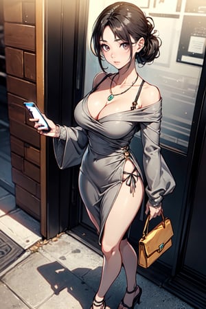 Masterpiece, Realistic, High detailed, Korean girl, milf, light makeup, teardrop, ((wearing_light_gray_sleeve_dress:1.2)), (spandex), non_slit, tight_clothing, narrow_waist, collarbone, cleavage, black hair, (updo), brown eyes, strappy sandals, channel_bag, starbucks coffee, Dongtan missy, Dongtan style, airpods, facing_viewer, holding_cellphone, van cleef necklace, 