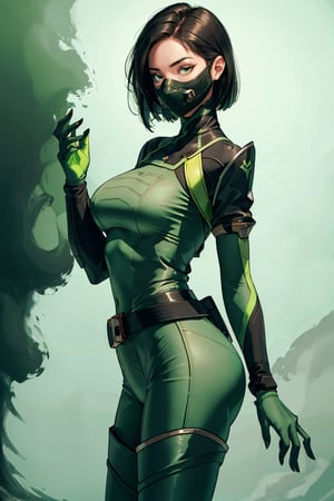 masterpiece, detailed eyes, slim body, detailed image, highly detailed, 1girl, wide_hip, narrow_waist, black hair, short_hair,valorantViper, green eyes, green_clothes, (masked), smoky_makeup, tight_clothes, bodysuit, thigh_boots, gloves, belt, respirator, camel_toe, dynamic_pose, simple_background, (green_fog:1.6), (from_side:1.4)