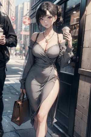 Masterpiece, Realistic, High detailed, Korean girl, milf, light makeup, teardrop, ((wearing_light_gray_dress:1.2)), (spandex), (long_sleeves), non_slit, tight_clothing, narrow_waist, collarbone, cleavage, black hair, updo, brown eyes, strappy sandals, channel_bag, starbucks coffee, Dongtan missy, Dongtan style, airpods, facing_viewer, holding_cellphone, van cleef necklace, 