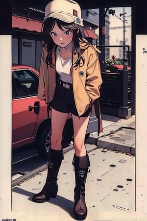((1girl)), 1 page manga, cowgirl, black_hair, hot_pants, belt, boots, hat, jacket