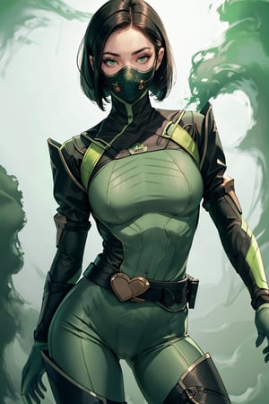 masterpiece, detailed eyes, slim body, detailed image, highly detailed, 1girl, wide_hip, narrow_waist, black hair, short_hair,valorantViper, green eyes, green_clothes, (masked), smoky_makeup, tight_clothes, bodysuit, thigh_boots, gloves, belt, respirator, camel_toe, dynamic_pose, simple_background, (green_fog:1.6), lying,heart hands