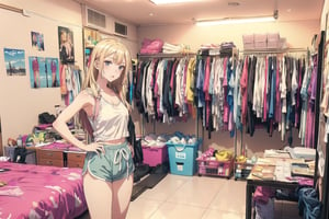 masterpiece, detailed eyes, slim body, detailed image, highly detailed, 1girl, wide_hip, narrow_waist, blonde, long_hair,indoor, white_tank_top, dolphin shorts, kitagawa marin sb, bedroom, ((all_four)), (Underwear_thrown_away), desk, closet, bed, magazine, snack, Miscellaneous things, note, lingeries, mirror, posters, shopping bag, Masturbation devices, condoms, cosmetics