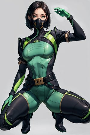 masterpiece, detailed eyes, slim body, detailed image, highly detailed, 1girl, wide_hip, narrow_waist, black hair, short_hair,valorantViper, green eyes, green_clothes, (masked), smoky_makeup, tight_clothes, bodysuit, thigh_boots, gloves, belt, respirator, camel_toe, dynamic_pose, squat, spread_legs, from_below, simple_background, green_fog