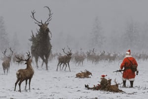 Christmas on the battlefield, christmas, snow, falling_snow, christmas_tree, santa army, reindeer creature, painting by jakub rozalski