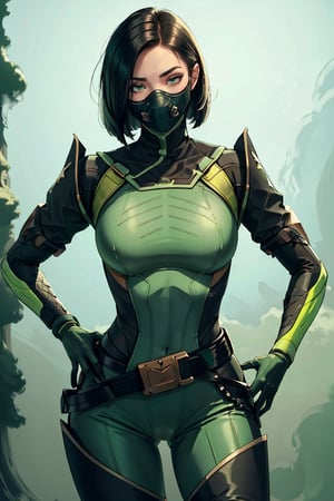 masterpiece, detailed eyes, slim body, detailed image, highly detailed, 1girl, wide_hip, narrow_waist, black hair, short_hair,valorantViper, green eyes, green_clothes, (masked), smoky_makeup, tight_clothes, bodysuit, thigh_boots, gloves, belt, respirator, camel_toe, dynamic_pose, simple_background, (green_fog:1.6),heart hands