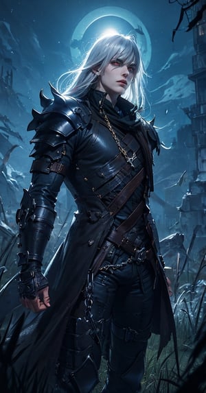 Masterpiece, high quality, 8K, 1man, handsome, tall, leather_coat, leather pants, brass jewelry, skull jewelry, chain, belt, wrist brace, armor, red_point, pale face, Fierce eyes, very long silver hair, night, dark, sulky, spooky, wind, cool pose, latent power, dynamic, bangs, wolf