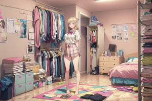 masterpiece, detailed eyes, slim body, detailed image, highly detailed, 1girl, gyaru,wide_hip, narrow_waist, blonde, long_hair,indoor,  school_uniform, kitagawa marin sb, bedroom, ((all_four)), (Underwear_thrown_away), desk, closet, bed, magazine, snack, Miscellaneous things, note, lingeries, mirror, posters, Masturbation_devices, condoms, cosmetics, bare_foot