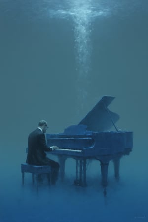 Man playing piano underwater, (cobalt blue tone:1.8), (dark:1.8), from_side, painting by jakub rozalski