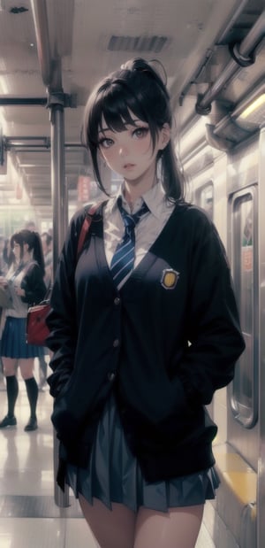 masterpiece, (((Realistic and delicate high-resolution structure: 1.4, Realistic and delicate high-quality structure: 1.4))),(Well-proportioned and perfect body proportion structure),(((image structure of real human texture))), (((crowded_subway))), (((indoor))), (((fluorescent_light))), full_body, 

(Japanese high school girl), (Cold_face), (harsh_eyes), (heavy_makeup:1.1), (smokey_makeup:1.1), (narrow_waist), (gyaru), (black_long_hair), (loose-fitting_clothes:1.4), (black_cardigan), (light_blue_shirt), (((indigo_school_uniform_skirt))), (neck_tie), (skinny_body), (bangs), (dark_brown_eyes), (hime_cut, long_ponytail),

((subway chairs, subway windows, subway handles, subway pole, subway doors,))