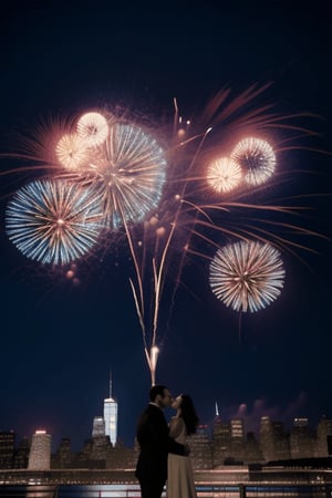 Man and woman standing between buildings in downtown, fireworks, night time, low angle, happy new year, lovers, newyork, buildings, skyline,Detailedface,GIRL HOT