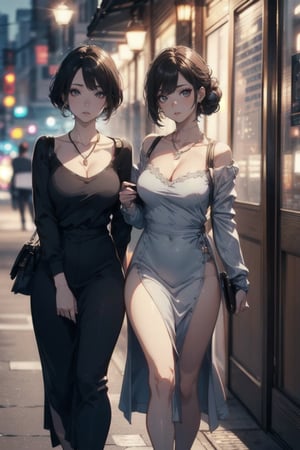 Masterpiece, Realistic, High detailed, Korean girl, milf, light makeup, teardrop, (gray_long_sleeves_long_dress), (spandex), non_slit, tight_clothing, narrow_waist, collarbone, cleavage, black hair, updo, brown eyes, strappy sandals, channel_bag, starbucks coffee, Dongtan missy, Dongtan style, airpods, facing_viewer, holding_cellphone, van cleef necklace, 