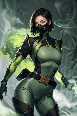masterpiece, detailed eyes, slim body, detailed image, highly detailed, 1girl, wide_hip, narrow_waist, black hair, short_hair,valorantViper, green eyes, green_clothes, (masked), smoky_makeup, tight_clothes, bodysuit, thigh_boots, gloves, belt, respirator, camel_toe, dynamic_pose, simple_background, (green_fog:1.6), from_side, smoke