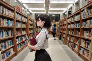 masterpiece, best quality, ultra-detailed, illustration,NCT2, solo, wide shot, library, indoor, bookshelf, books,

(the view of a girl standing in front of a bookshelf and choosing a book),

(Japanese middle school girl), (japanese school uniform), ((white shirt, black skirt, black blazer, beige vest, red tie)), (light_makeup), (skinny_body), (bangs), (hime_cut), black_hair