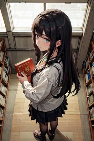 masterpiece, best quality, ultra-detailed, illustration,NCT2, solo, wide shot, library, indoor, bookshelf, books,

(the view of a girl standing in front of a bookshelf and choosing a book),

(Japanese middle school girl), (japanese school uniform), white shirt, black skirt, green tie, light_makeup, skinny_body, bangs, hime_cut, black_long_hair, ((facing_viewer)), (from_above:1.4)