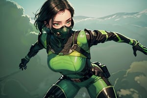 masterpiece, detailed eyes, slim body, detailed image, highly detailed, 1girl, wide_hip, narrow_waist, black hair, short_hair,valorantViper, green eyes, green_clothes, (masked), smoky_makeup, tight_clothes, bodysuit, thigh_boots, gloves, belt, respirator, camel_toe, dynamic_pose, simple_background, (green_fog:1.6), battle, action, fight