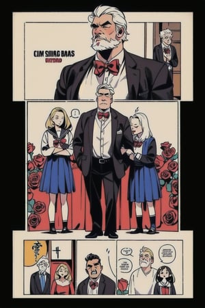 (old man, young guy, boy, women, young girl), multiple_people, gang, mafia, family, suit, belt, dress, school_uniform,((white_hair, black_hair, blonde)), (slicked_back_hair), (short_beard), cartoon, skinny body, (1 page manga), (roses), (bow_tie)