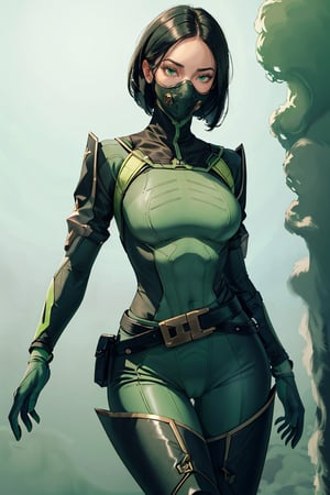 masterpiece, detailed eyes, slim body, detailed image, highly detailed, 1girl, wide_hip, narrow_waist, black hair, short_hair,valorantViper, green eyes, green_clothes, (masked), smoky_makeup, tight_clothes, bodysuit, thigh_boots, gloves, belt, respirator, camel_toe, dynamic_pose, simple_background, (green_fog:1.6)