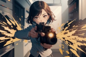 (masterpiece), best quality, expressive eyes, perfect face, brown_eyes, skirt, blazer, aiming a gun, weapon, aiming at viewer, shooting, muzzle fire