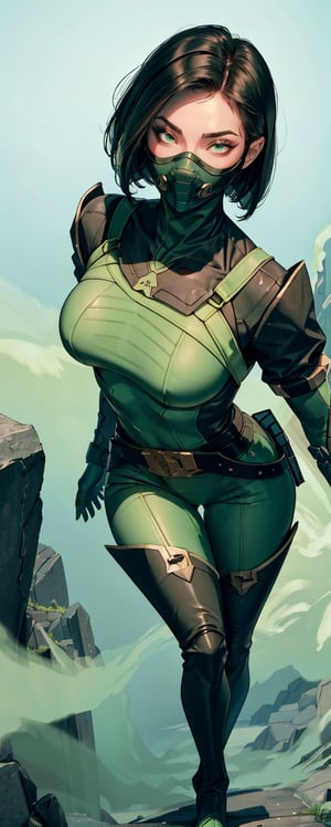 masterpiece, detailed eyes, slim body, detailed image, highly detailed, 1girl, wide_hip, narrow_waist, black hair, short_hair,valorantViper, green eyes, green_clothes, (masked), smoky_makeup, tight_clothes, bodysuit, thigh_boots, gloves, belt, respirator, camel_toe, dynamic_pose, simple_background, (green_fog:1.6), battle, action, fight, from_below