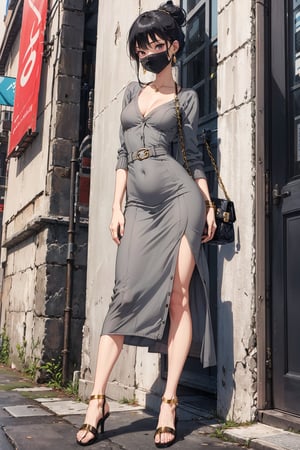 detailed eyes, slim body, detailed image, highly detailed, 1girl, ((gray_long_dress)), (tight_clothes), (white_mask), wide_hip, narrow_waist, (tiny_breasts), black hair, hair_buns, street, chanel bag, gold_jewelry, air pod, sandals, cardigan, pantie_line