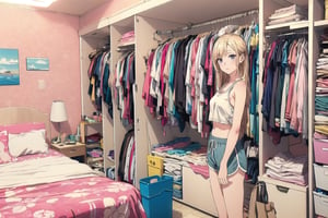 masterpiece, detailed eyes, slim body, detailed image, highly detailed, 1girl, wide_hip, narrow_waist, blonde, long_hair,indoor, white_tank_top, dolphin shorts, kitagawa marin sb, bedroom, all_four, (Underwear_thrown_away),realhands, desk, closet, bed, magazine, snack, Miscellaneous things