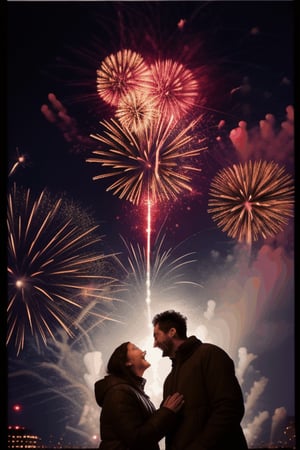 Man and woman standing between buildings in downtown, fireworks, night time, low angle, happy new year, lovers, newyork