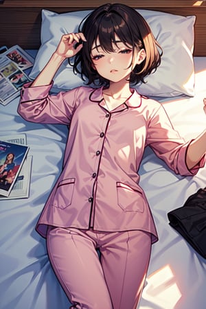 masterpiece, best quality, ultra-detailed, fine skin texture, fine hair texture, fine clothing texture, perfect anatomy, illustration, cartoon, Comic book-like composition,

(the view of 1girl wakes up and gets out of bed), (sleepy:1.3), single_bed,

skinny_body, brown_eyes, bangs, hime_cut, black_short_hair, (pink pajamas, shirts, pants), white blankets, white pillow, morning sunlight, zzz, hami_pan