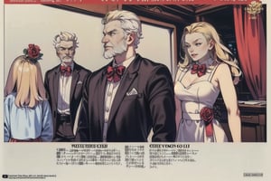 (old man, young guy, boy, women, young girl), multiple_people, gang, mafia, family, suit, belt, dress, school_uniform,((white_hair, black_hair, blonde)), (slicked_back_hair), (short_beard), cartoon, skinny body, (1 page manga), (roses), (bow_tie)