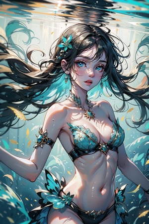 ((cinematic light)), hyper detail, dramatic light, intricate details, (unreal water nymph, floating gracefully beneath the surface of the water, surrounded by a school of brightly colored fish. Her hair flows like seaweed around her, and her skin is as smooth and radiant as a pearl. Her eyes are a deep, shimmering blue, and her expression is serene and tranquil, as if she is at one with the underwater world around her, perfecteyes ((medium breasts))