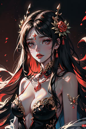 ((cinematic light)), hyper detail, dramatic light, intricate details,(unreal goddess, chinese god nezha-like girl, 1 girl, ethereal, red drees, red tones) dark background covered chest
,1 girl,perfecteyes, dinamic pose