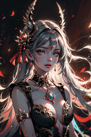 ((cinematic light)), hyper detail, dramatic light, intricate details,(unreal goddess, chinese god nezha-like girl, 1 girl, ethereal, red drees, red tones) dark background covered chest
,1 girl,perfecteyes, dinamic pose