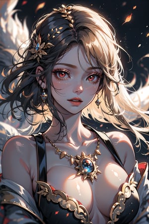 ((cinematic light)), hyper detail, dramatic light, intricate details,(unreal kitsune, 1 girl, ethereal, red eyes, floating hair,, golden particles covered chest
,1 girl,perfecteyes