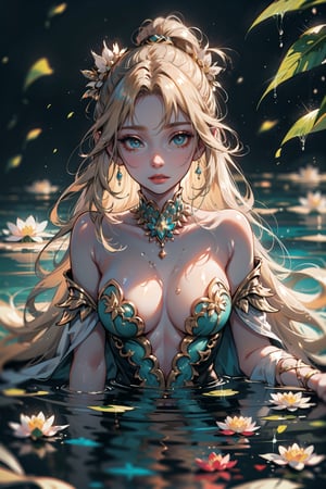 ((cinematic light)), hyper detail, dramatic light, intricate details, (unreal a lotus goddess, emerging from the still waters of a magical lagoon. Her long, slender limbs are draped in a flowing gown of delicate lotus petals, and her skin is as smooth and flawless as the surface of the water. Her eyes are like two pools of liquid gold, and her serene expression radiates the calm and peace of the natural world around her, perfecteyes, medium chest size