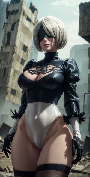 1girl, beauty face, beauty lips, sexy ((face, lips)) blindfold, (moaning), photo \(medium\), (masterpiece, best quality), yorha no. 2 type b,n_2b, view, ((huge breasts)), ((wide wips)), ((pussy marked)), front view, ((perfect thighs)),((ultra wide angle))yorha no. 2 type b,2B Nier Automata,nier anime style, ((abandoned city background)), destroy city background, ((detailed background)), cinematic lighting