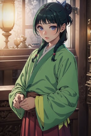 kusuriyamaomao, ,maomao, long hair, bangs, blue eyes, hair ornament, green hair, blunt bangs, freckles, hair bun, single hair bun,BREAK japanese clothes, robe, green robe, long sleeves, wide sleeves, skirt, red skirt,BREAK indoors,BREAK looking at viewer, (cowboy shot:1.5),BREAK  (masterpiece:1.2), best quality, high resolution, unity 8k wallpaper, (illustration:0.8), (beautiful detailed eyes:1.6), extremely detailed face, perfect lighting, extremely detailed CG, (perfect hands, perfect anatomy), closed mouth, smile,hair ornament,midjourney